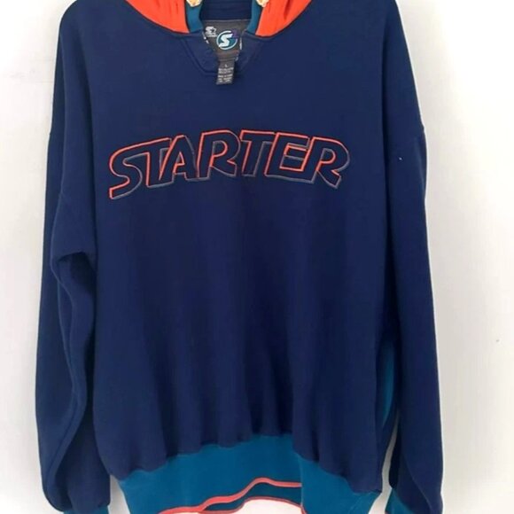 Vintage Starter Men’s L Navy Orange Blue Hoodie Embroidered Logo Pullover - Picture 2 of 4